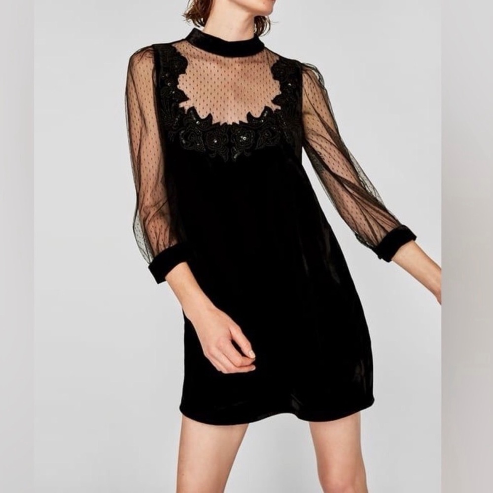 Zara Black Velvet Lace Mini Dress Size Small ! Rare! & beautiful look!